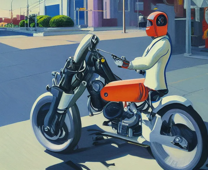 Prompt: a very detailed painting of a astronaut wearing a suit, riding a motorbike down a street, harley davidson motorbike, worm's - eye view, very fine brush strokes, very aesthetic, very futuristic, in the style of edward hopper and grant wood and syd mead, 4 k,