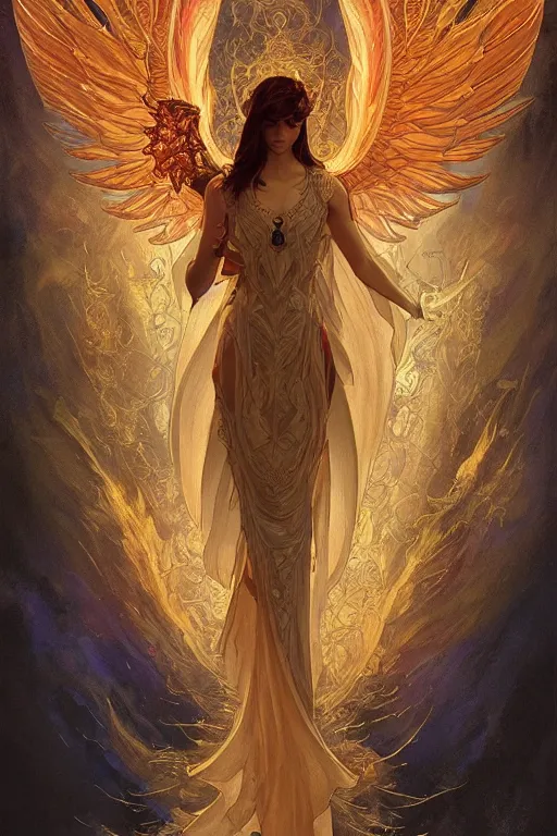 Prompt: phoenix bahamut with wings of fireflies and flameches, flames intricate stainglass background, elegant, thin intricate art nouveau frame, highly detailed, digital painting, artstation, concept art, matte, sharp focus, illustration, art by Artgerm and Greg Rutkowski and Alphonse Mucha