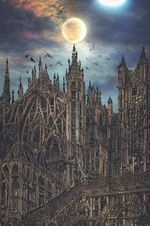 Image similar to A dramatic solar eclipse over a medieval construction site for the tallest tower in the world. masterpiece 4k digital design by Takato Yamamoto, award winning, Artstation, Takato Yamamoto aesthetic, Neo-Gothic, gothic, forest on background, intricate details, realistic, hyperdetailed, 8k resolution