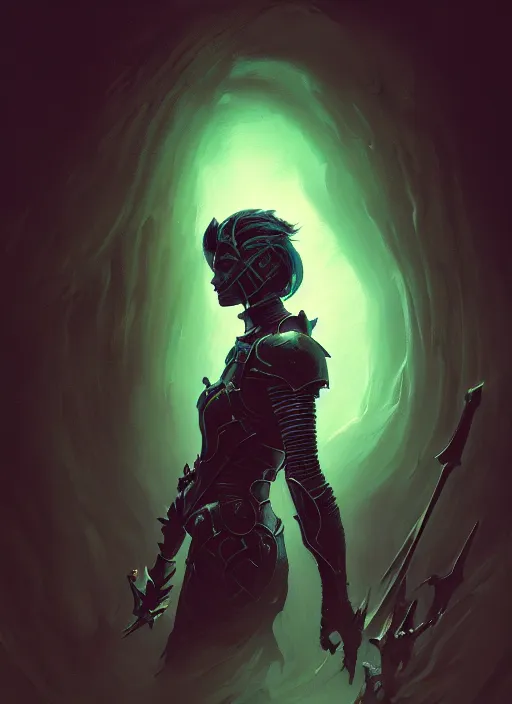 Image similar to side portrait, imogen poots, deathknight, black armor, gloomhaven, soft, smooth, luminescent, haunting, pale green backlit glow, evil inky swirly ripples, sickly colors, by greg rutkowski, jesper ejsing, rhads, ilya kuvshinov, cushart krenz