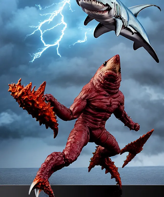 Prompt: hyperrealistic rendering, epic boss battle, epic shark king overlord, by art of skinner and richard corben, product photography, collectible action figure, sofubi, hottoys, storm clouds, outside, lightning