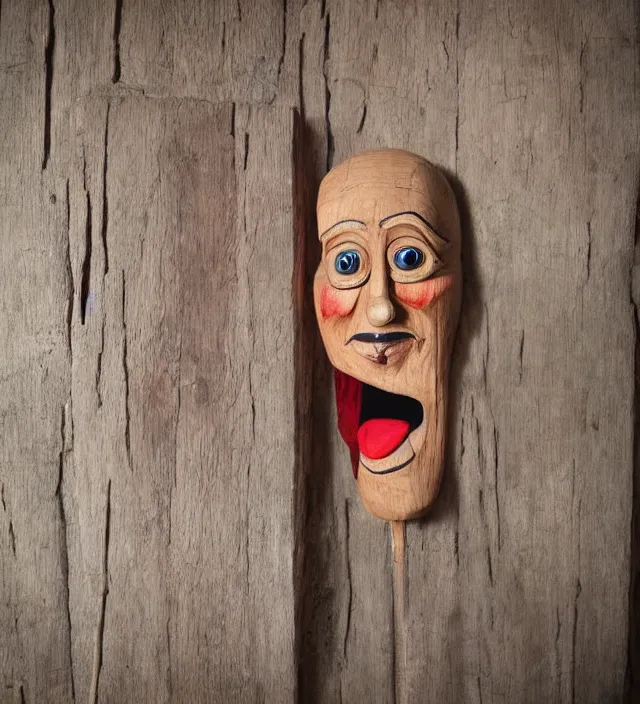 Image similar to hyper realistic photography of horror ventriloquist wooden puppet with old carved painted head