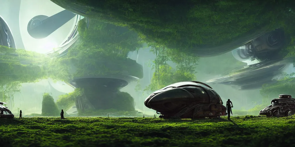 Prompt: a huge futuristic rusty abandoned old alien spaceship, next to it a smaller exploration vehicle on a landing pad, surrounded by a lush alien jungle, in the foreground two explorers are arguing, clear skies, volumetric light, hyperdetailed, artstation, cgsociety, 8k