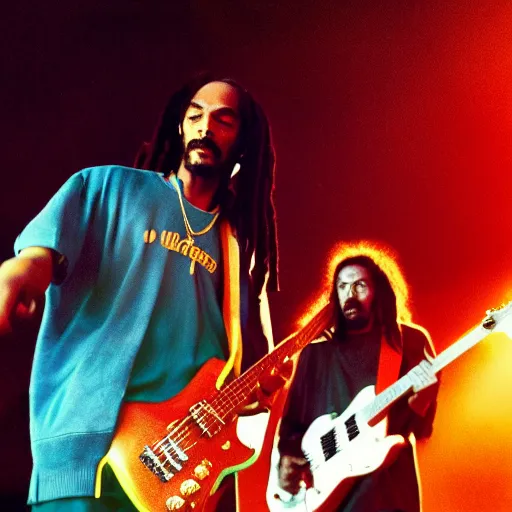Image similar to a dramatic photograph of snoop dog jamming with bob marley in an infinite universe of mystical light, ground haze, dramatic lighting, filmic, cinematographic, sci - fi