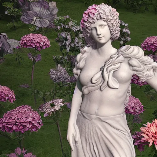 Image similar to an idealistic marble statue with fractal flowery hair in a fractal garden, unreal engine, 8k render, beautiful, full frame,