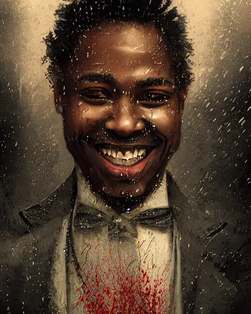 Prompt: a highly detailed portrait of black man smiling in the rain in a back tuxedo, wispy tendrils of smoke, intricate, digital painting, old english, raining, sepia, particles floating, whimsical background by marc simonetti, artwork by liam wong