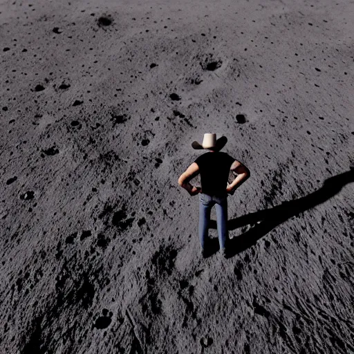 Image similar to cowboy standing on the moon looking up at earth, octane render, blender render, unreal engine, 3 5 mm