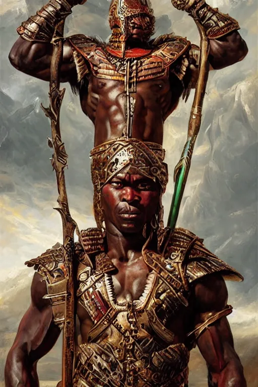 Image similar to a powerful and muscular make igbo warrior , half body portrait, blond hair, ornate armour, realistic oil painting by Thomas Cole and Wayne Barlowe and Boris Valejo