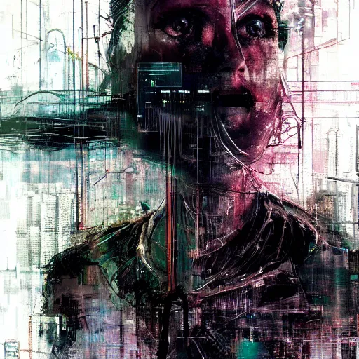 Image similar to a cyberpunk, wires, machines, in a dark future city by jeremy mann, francis bacon and agnes cecile, ink drips, paint smears, digital glitches glitchart c - 1 0