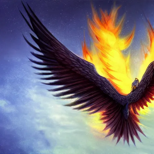 Image similar to pheonix gliding at night with fire on wings, fantasy art, computer art,concept art, higj detail, atmospheric