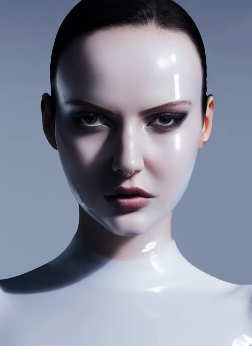 Prompt: a fierce nubile young woman with reflections in her eyes and slicked hair, wearing futuristic white latex bodysuit and mask, clear skin, elegant, graceful, fashionable, 5 0 mm, cinematic, hyperdetailed illustration by irakli nadar and alexandre ferra, depth of field, global illumination,