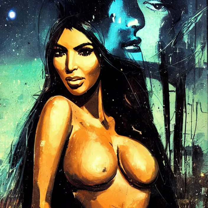 Image similar to kim kardashian, portrait, concept art, digital painting, noir, backlit, bokeh, neon lights, atmospheric, by bruce pennington, by corbusier