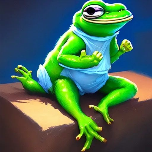 Image similar to super rich happy pepe, luxury, blue crystals, greg rutkowski