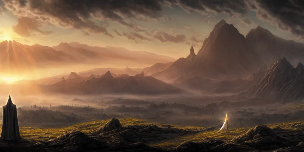 Image similar to a angel in the lord of the rings scenery landscape, looking at the sauron army in the distance, mysterious ， stream, sunrise, wallpaper ， god's rays highly detailed, vivid color, cinematic lighting, perfect composition, 8 k, gustave dore, derek zabrocki, greg rutkowski, belsinski, octane render