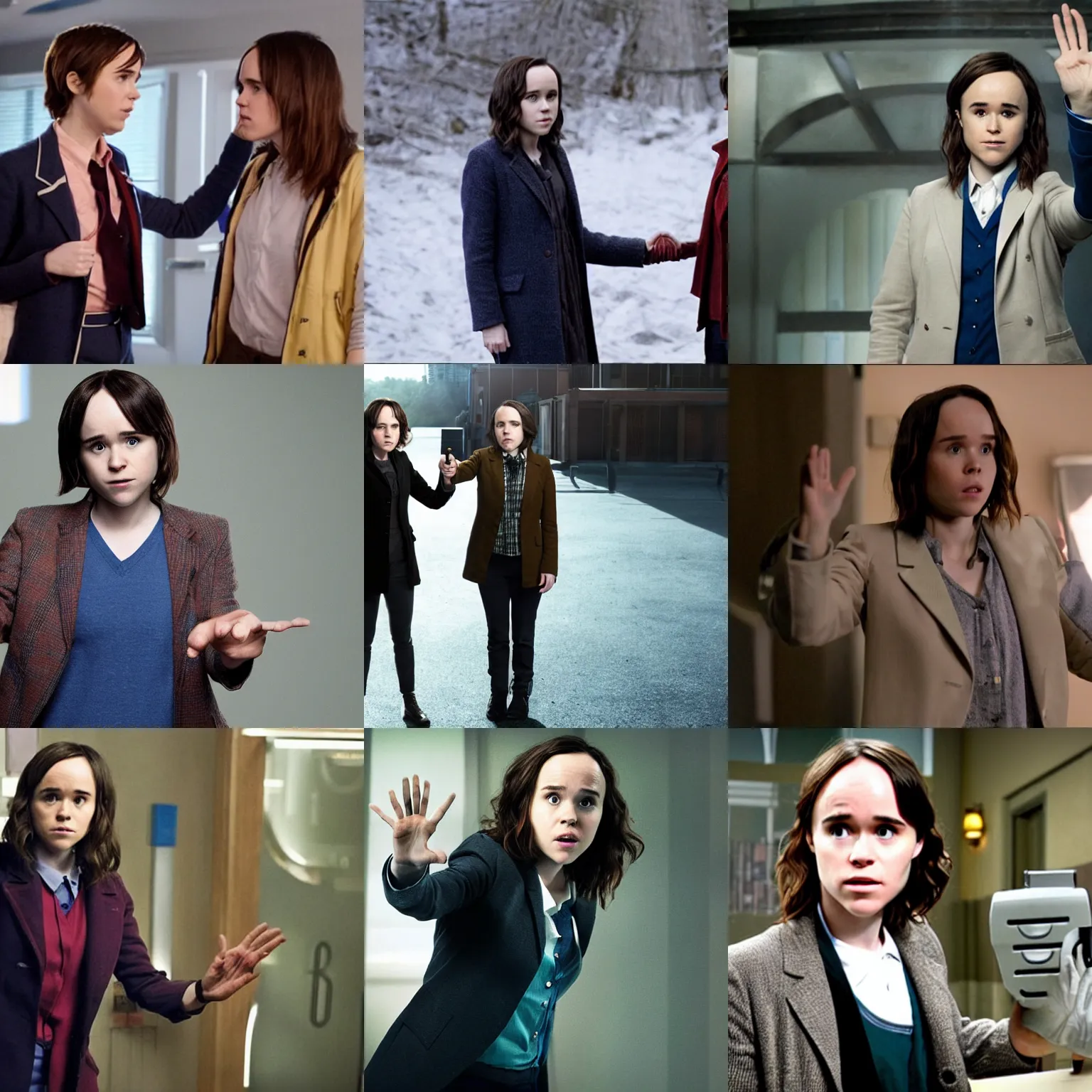 Prompt: Ellen Page as the 10th Doctor, holding her hand out to the camera, tv still from the BBC tv show 'Doctor Who'