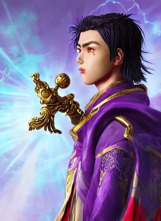 Image similar to An epic fantasy comic book style portrait painting of teenager boy with straight indigo hair, purple eyes with red eye markers, slim body, wearing a detailed Japanese kimono with golden armor details, holding a fan. Unreal 5, DAZ, hyperrealistic, octane render, cosplay, RPG portrait, dynamic lighting