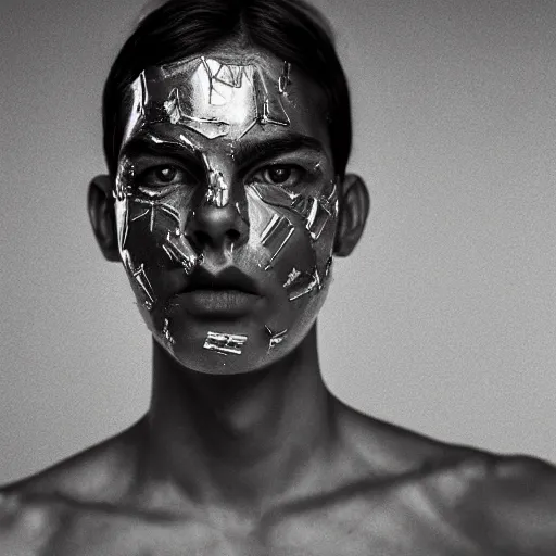 Image similar to a close up portrait of a beautiful athletic young persian male with his face covered in silver leaf , photographed by erwin olaf, artistic