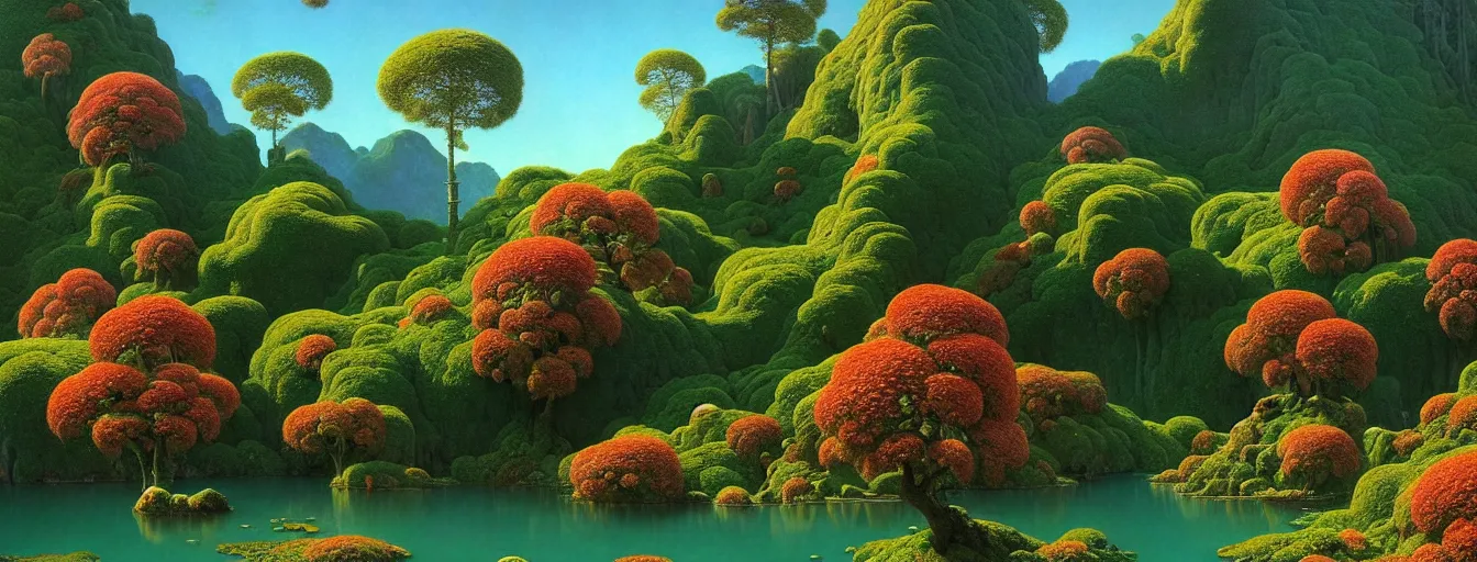 Image similar to a gorgeous very early spring series of lush islands separated by flower - lined streams, twisted gardens, flowers, fronds, painting by barlowe wayne maxfield parrish and marco mazzoni. tree no leaf!!!! china mountain village!! very little light verdancy. ultra clear detailed. 3 d, octane render. turbulent blood lake.