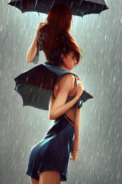 Image similar to a girl in the rain, full shot, fine - face, realistic shaded perfect anatomy, fine details. night setting. very anime style. realistic shaded lighting poster by ilya kuvshinov katsuhiro, magali villeneuve, artgerm, jeremy lipkin and michael garmash, rob rey and kentaro miura style, trending on art station