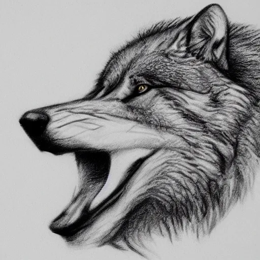 Image similar to Pencil sketch of a man's face emerging from a wolfs mouth, detailed, trending