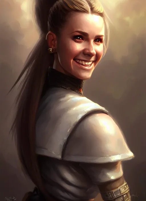 Image similar to a _ fantasy _ style _ portrait _ painting _ of white girl, dark ponytail hair, smiling, round face, rpg dnd oil _ painting _ unreal _ 5 _ daz. _ rpg _ portrait _ extremely _ detailed _ artgerm _ greg _ rutkowski _ greg