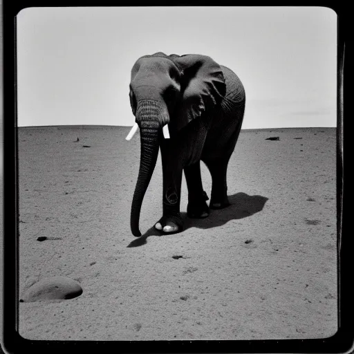 Prompt: extremely detailed black and white polaroid picture by john l. gaunt of a baby elephant standing on the moon's surface. very grainy picture. extreme lighting