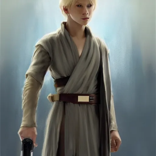 Image similar to a young blonde male jedi with short hair looking away at a threat full body shot concept art by Doug Chiang cinematic concept art, realistic painting, high definition, digital art, matte painting, symmetrical, very detailed, realistic, dramatic lighting, cinematic, establishing shot, extremely high detail, photo realistic, cinematic lighting, post processed, concept art, artstation, matte painting, red color scheme