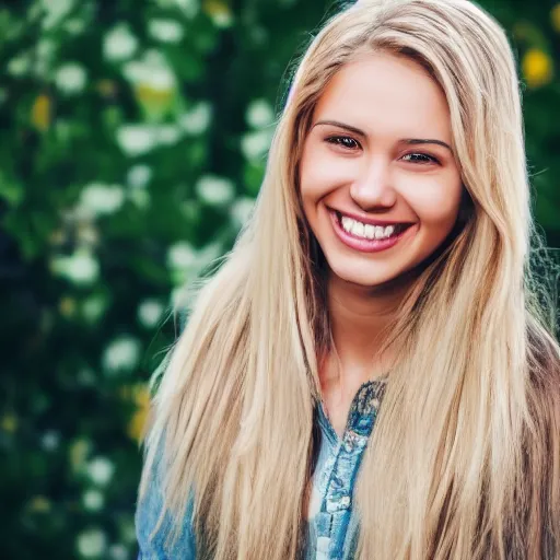 Prompt: a close up portrait of a 23 year old female, dirty blonde hair, perfect teeth, smiling