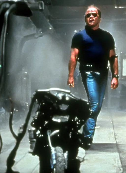 Image similar to film still of Danny DeVito as The Terminator in Terminator, 4k