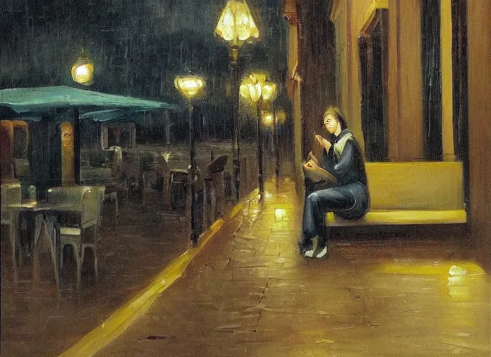 Image similar to being alone at a cafe on a melancholic rainy night by ardon, mordecai, oil painting