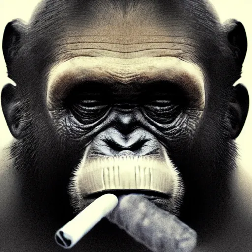 Image similar to a high detail photo of donald trump smoking a cigarrette, subject= chimp, subject detail: extremly detailed, subject action: smoking a cigar, photorealism, dramatic lighting, award winning photograph, trending on artstation