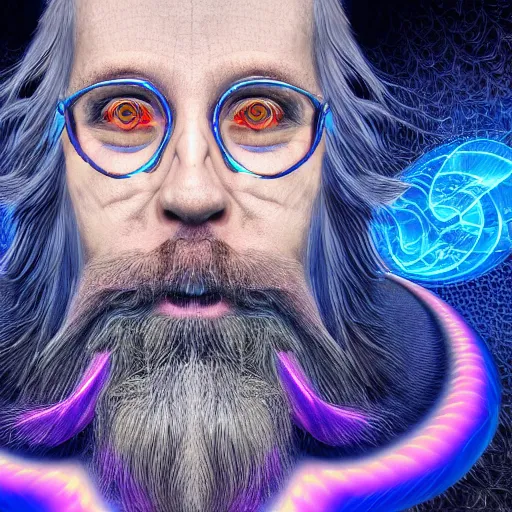 Image similar to wizard in blue robes, long white beard, by alex grey, TOOL band art, psychedelic, render, fractals, detailed, 8K