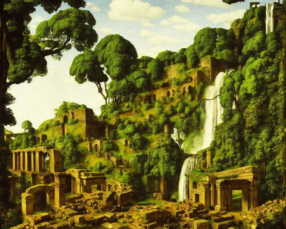 Prompt: an achingly beautiful print of Roman ruins in a jungle clearing with a waterfall in the distance by Raphael, Hopper, and Rene Magritte. detailed, romantic, enchanting, trending on artstation.