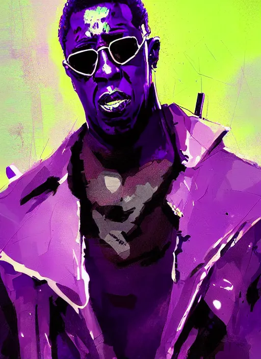 Prompt: wesley snipes as blade, blue and purple hour, by ismail inceoglu