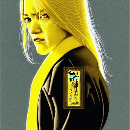 Prompt: portrait soft light, by frank mccarthy and killian eng and joe fenton, inspired by kill bill, yellow only, etching and airbrush, fine, sharp high detail