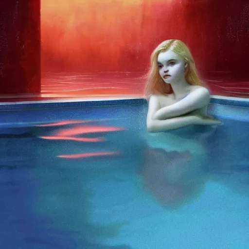 Prompt: silhouette of Elle Fanning submerged in a pool, stormy weather, extremely detailed masterpiece, oil on canvas, low-key neon lighting, artstation, Blade Runner 2049, Roger Deakin’s cinematography, by J. C. Leyendecker and Peter Paul Rubens,