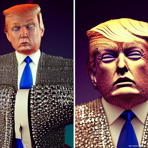 Image similar to donald trump full body detailed, ethereal, biomechanical, covered in diamonds and other gems glowing, highly detailed face, elegant posed, intricate, extremy detailed, beeple, cgsociety, 3 d unreal engine octane render. cinematic lighting, highly detailed 4 k art