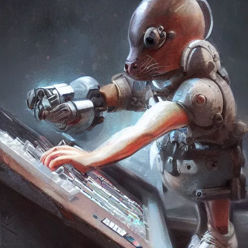 Prompt: a rat cyborg playing with a tb-303 synthesizer, by ruan jia