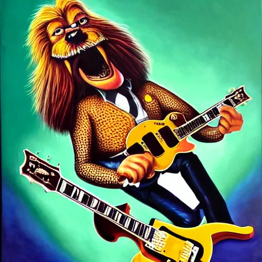 Image similar to beautiful lifelike painting of barry chuckle shredding on a gibson les paul, furious guitar solo, hyperreal detailed facial features and uv lighting, art by ed roth and basil wolverton