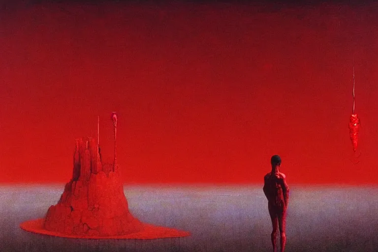 Image similar to only with red, red god of death eat apple, a futuristic city on mars in the background, red worms on the floor, in the style of beksinski, part by hopper, part by rodcenko, part by hofbauer, intricate composition, red by caravaggio, insanely quality, highly detailed, masterpiece, red light, artstation, 8 k