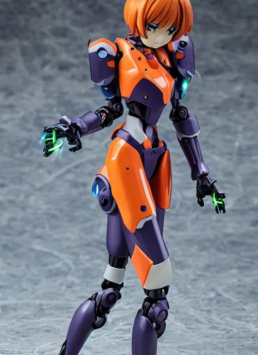 Prompt: Girl in mecha cyber Armor, portrait of the action figure of a girl, with bare legs，in the style of NEON GENESIS EVANGELION，anime figure，full body