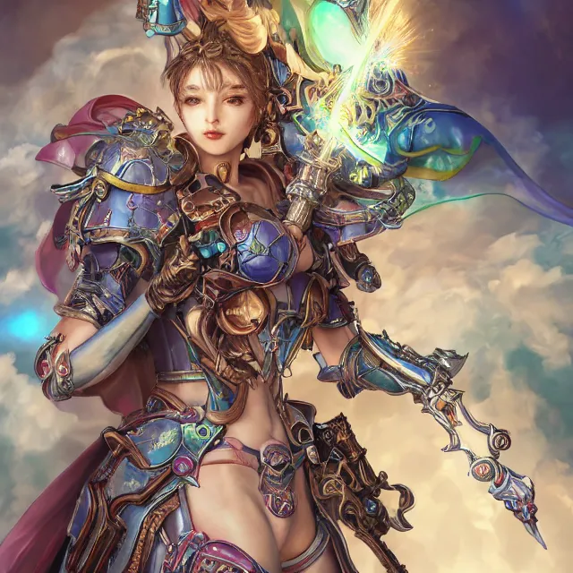 Image similar to studio portrait of lawful good colorful female holy mech paladin as absurdly beautiful, elegant, young sensual gravure idol, ultrafine hyperrealistic detailed face illustration by kim jung gi, irakli nadar, intricate linework, sharp focus, bright colors, matte, octopath traveler, final fantasy, unreal engine highly rendered, global illumination, radiant light, intricate environment