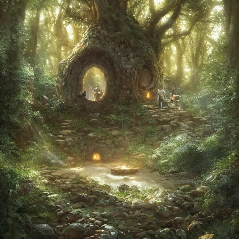 Image similar to Fantasy Magical fairy-tale stone portal in the forest. Round stone portal teleport in trees to other worlds. Fantastic landscape. Magic Altar in the fores, highly detailed, digital painting, artstation, concept art, smooth, sharp focus, illustration, art by artgerm and greg rutkowski and alphonse mucha