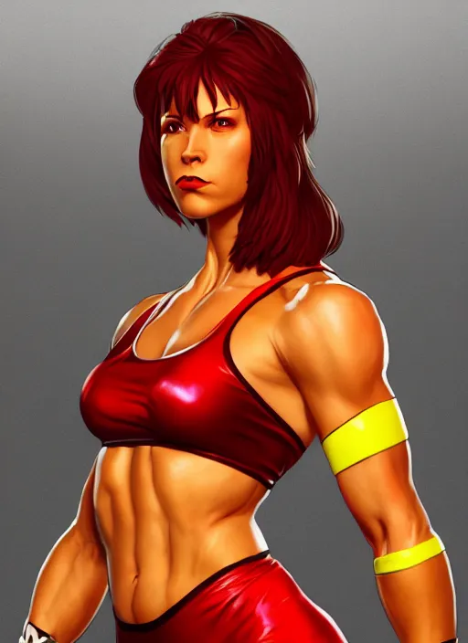 Image similar to wwf female wrestler 1 9 9 0, wide angle view, red and yellow color scheme, highly detailed, artgerm, cushart krenz, king of fighters style, trending on artstation, soft light, sharp focus, illustration, character design, concept art