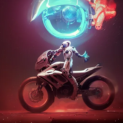 Image similar to portrait of a squid monster astronaut riding a space motorcycle, full body portrait, well lit, intricate abstract. cyberpunk, intricate artwork, by Tooth Wu, wlop, beeple. octane render, trending on artstation, greg rutkowski very coherent symmetrical artwork. cinematic, hyper realism, high detail, octane render, 8k, minimalistic, hyperrealistic surrealism, award winning masterpiece with incredible details, a surreal vaporwave liminal space, highly detailed, trending on ArtStation