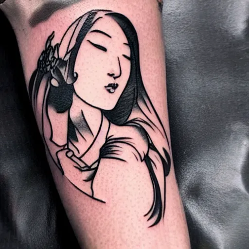 Image similar to tattoo design, stencil, portrait of a japanese girl, fantasy, artgerm