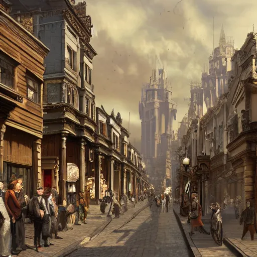 Image similar to street of victorian city, happy, a lot of people, realistic, 8 k, detailed, concept art, trending on artstation