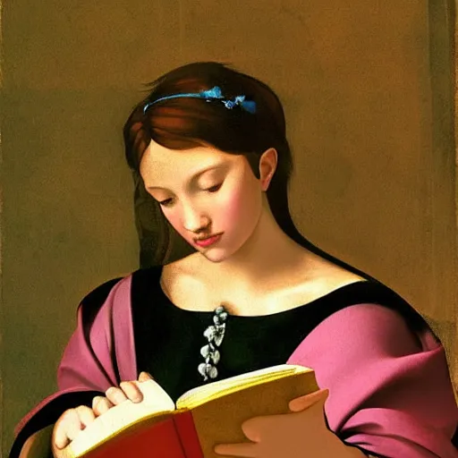 Prompt: Disney Princess reading a book. Painted by Caravaggio, high detail