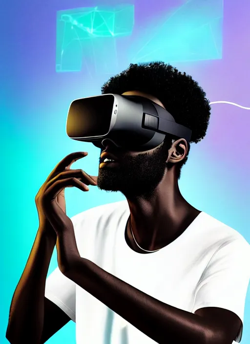 Prompt: handsome black genius hacking the metaverse in a vr headset, white t - shirt and jordans, three dimensional holograms and translucent orange glowing lights, highly detailed, digital painting, artstation, concept art, smooth, sharp focus, illustration, art by wlop, uang guangjian and gil elvgren and sachin teng and greg rutkowski