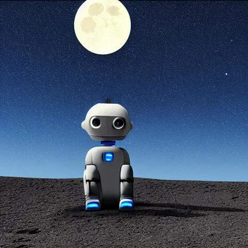 Image similar to blue godot robot ponders looking up at the moon, thinking, lunar beauty, atmospheric scattering, vray